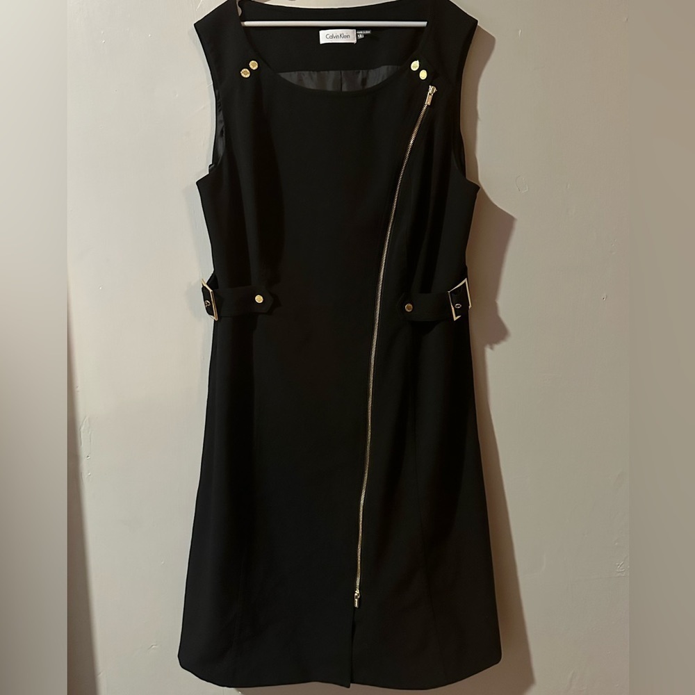 Calvin Klein Black Moto Zip Buckle Sheath Sleeveless Dress Women's